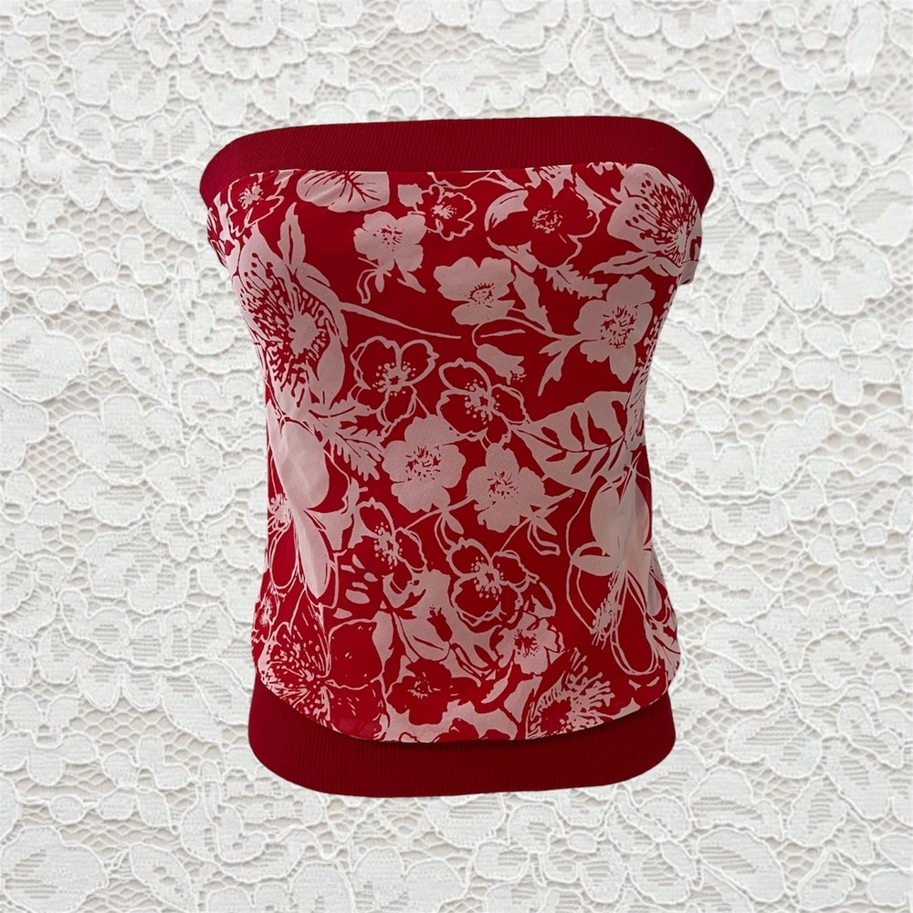 vintage red & white hibiscus flower printed tube top